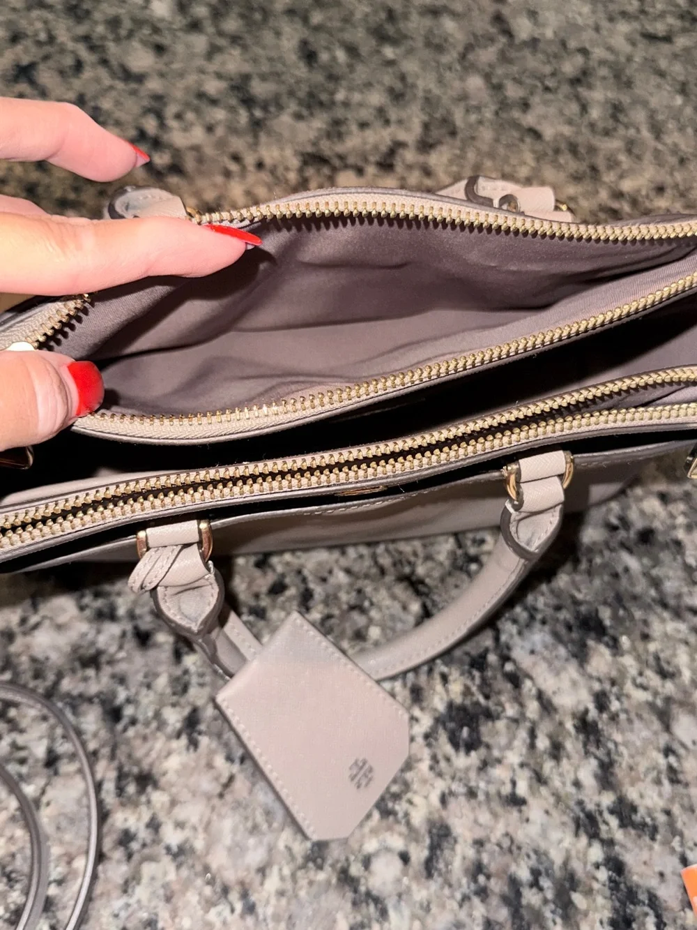 Tory Burch Saffiano Leather Satchel in Light Gray Taupe